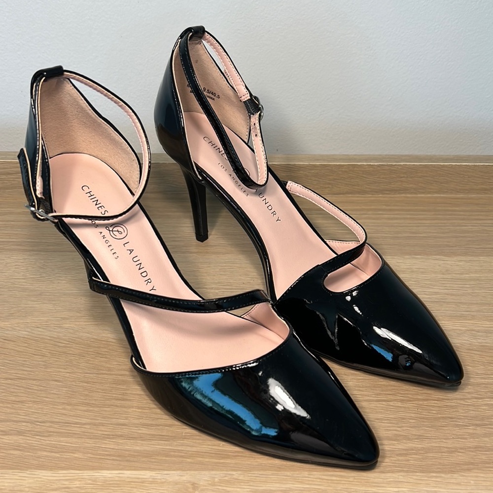 Worn once Chinese Laundry black patent strappy pointed toe heels 9.5m NO box